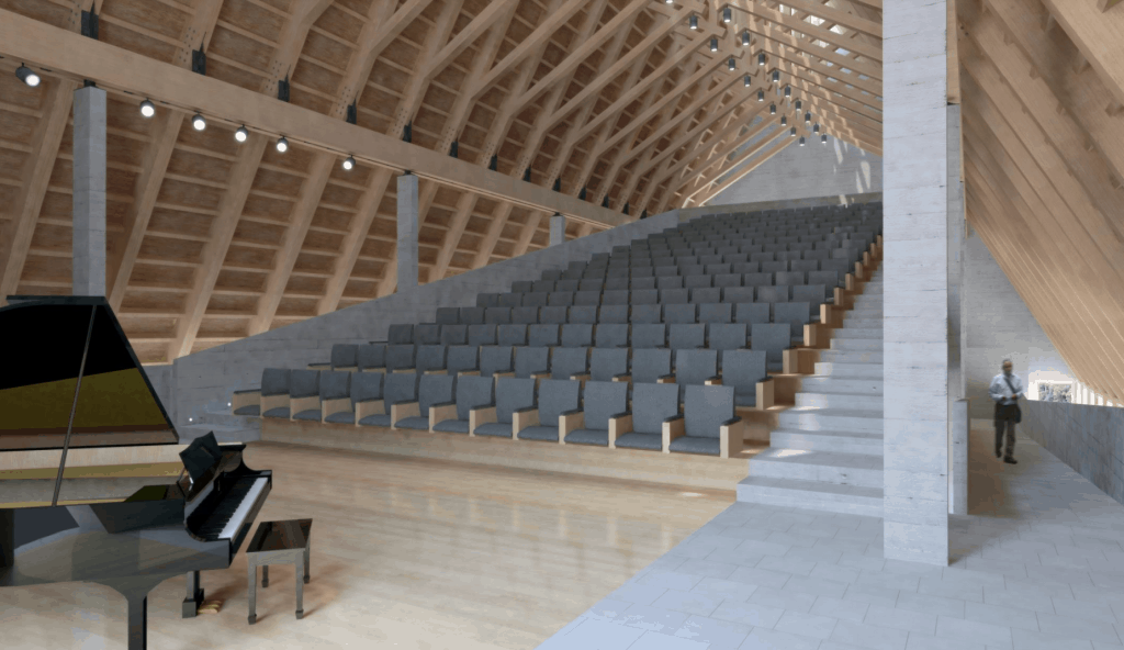 Madera que resalta el auditorio del nueveo centro de visitas en Machu Picchu