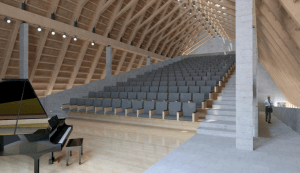 Madera que resalta el auditorio del nueveo centro de visitas en Machu Picchu
